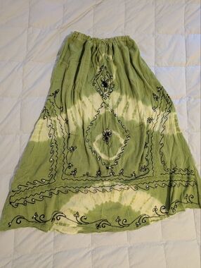Bohemian Green Tie-Dye Embroidered Maxi Skirt
